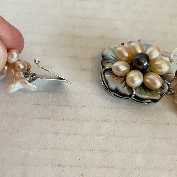 Freshwater Pearl Multistrand Necklace Abalone Shell Flower Clasp Sterling Silver - Picture 15 of 16